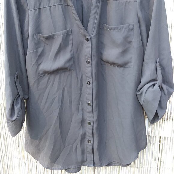 A. Byer Sheer Black Button Down V-Neck Blouse Top Shirt with Pockets- S - Picture 5 of 11
